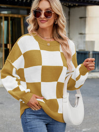 Hazel Blues® |  Checkered Round Neck Long Sleeve Sweater