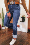 Hazel Blues® |  Real Teal Folded Cuffs Distressed Straight High Waist Jeans