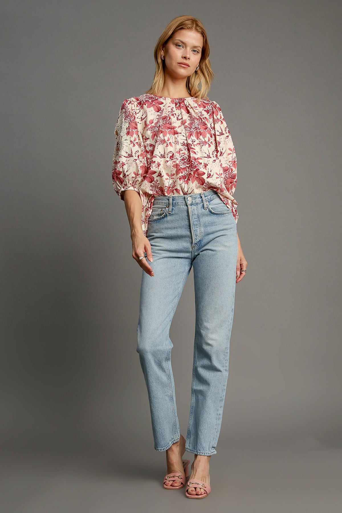 Hazel Blues® |  Umgee Floral Pleated Detail Lace Trim Sleeve Blouse