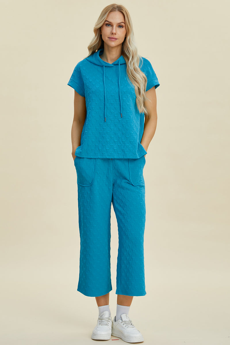 Hazel Blues® |  Double Take Texture Drawstring Short Sleeve Hoodie and Pocketed Pants Set