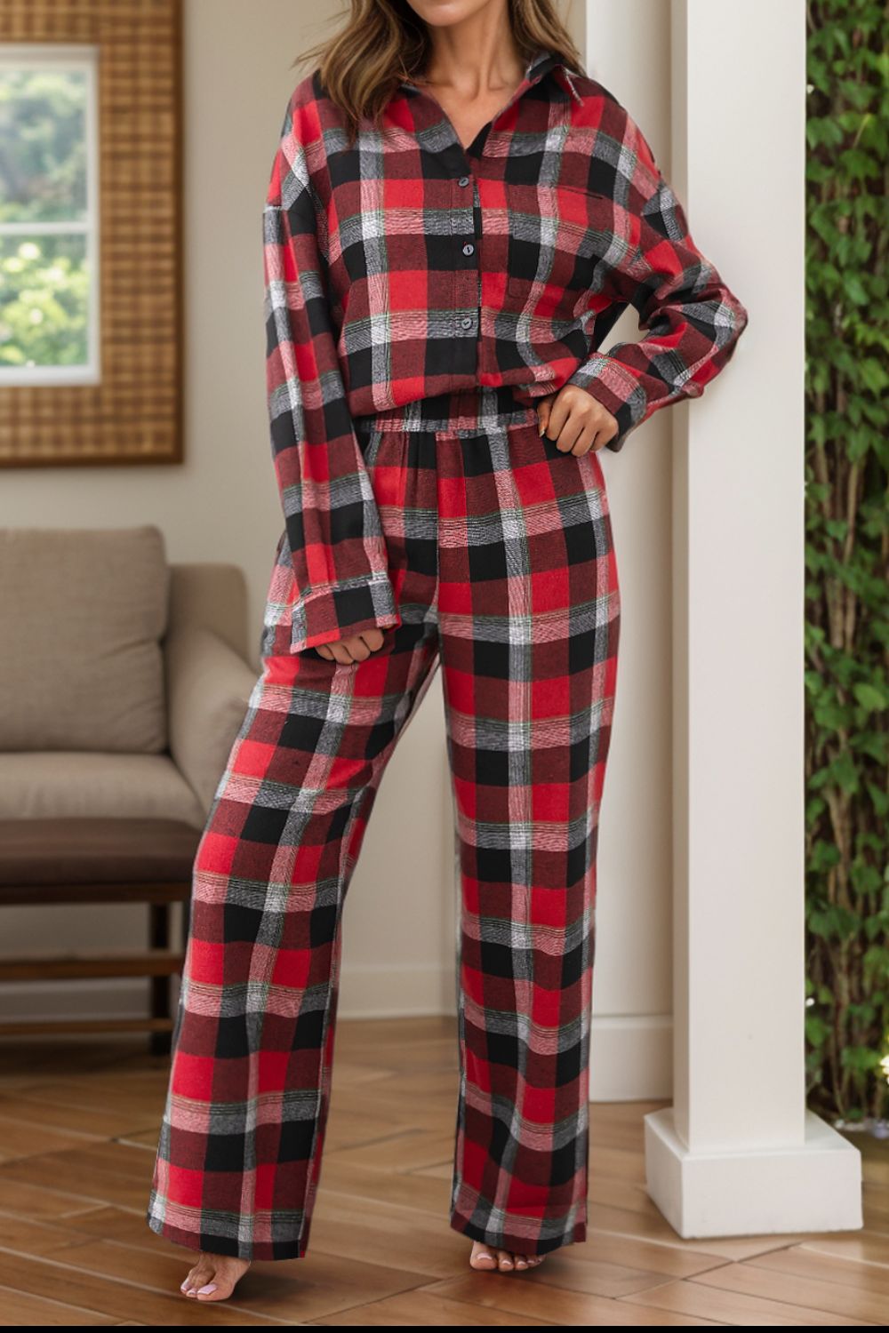 Hazel Blues® |  Plaid Long Sleeve Top and Pants Lounge Set