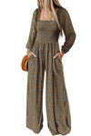 Hazel Blues® |  Brown Floral Print Western Smocked Bodice Square Neck Wide Leg Jumpsuit