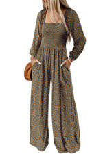 Hazel Blues® |  Brown Floral Print Western Smocked Bodice Square Neck Wide Leg Jumpsuit
