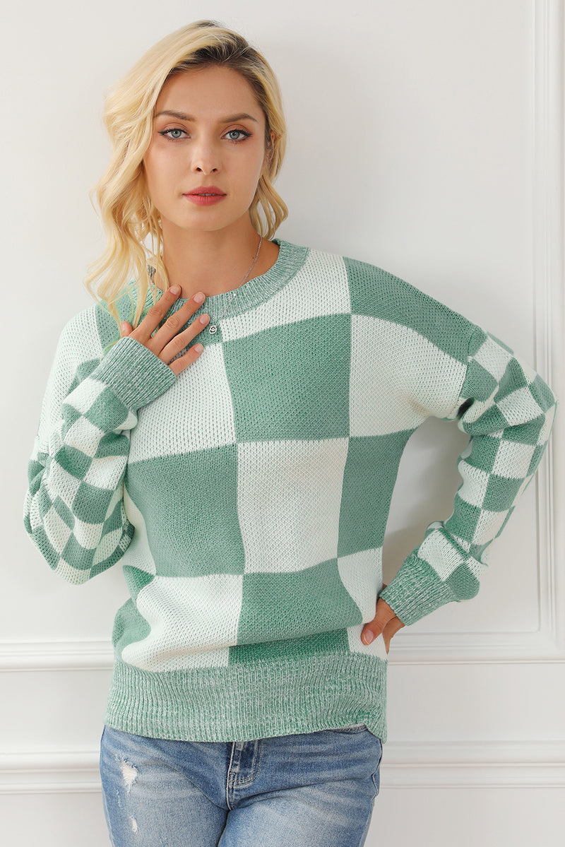 Hazel Blues® |  Checkered Drop Shoulder Long Sleeve Sweater