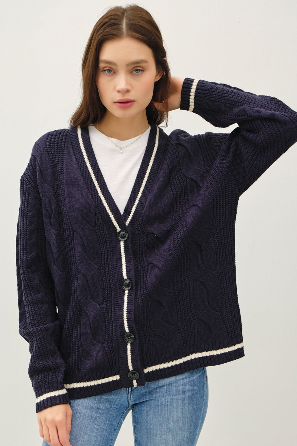 Hazel Blues® |  Be Cool Contrast Trim Cable-Knit V-Neck Cardigan