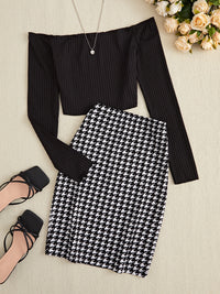 Hazel Blues® |  Off-Shoulder Long Sleeve Top and Houndstooth Skirt Set