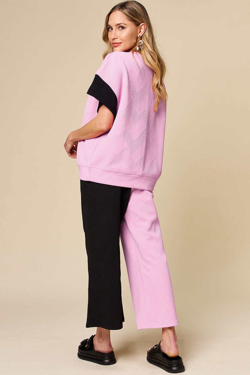 Hazel Blues® |  Double Take Texture Contrast T-Shirt and Wide Leg Pants Set