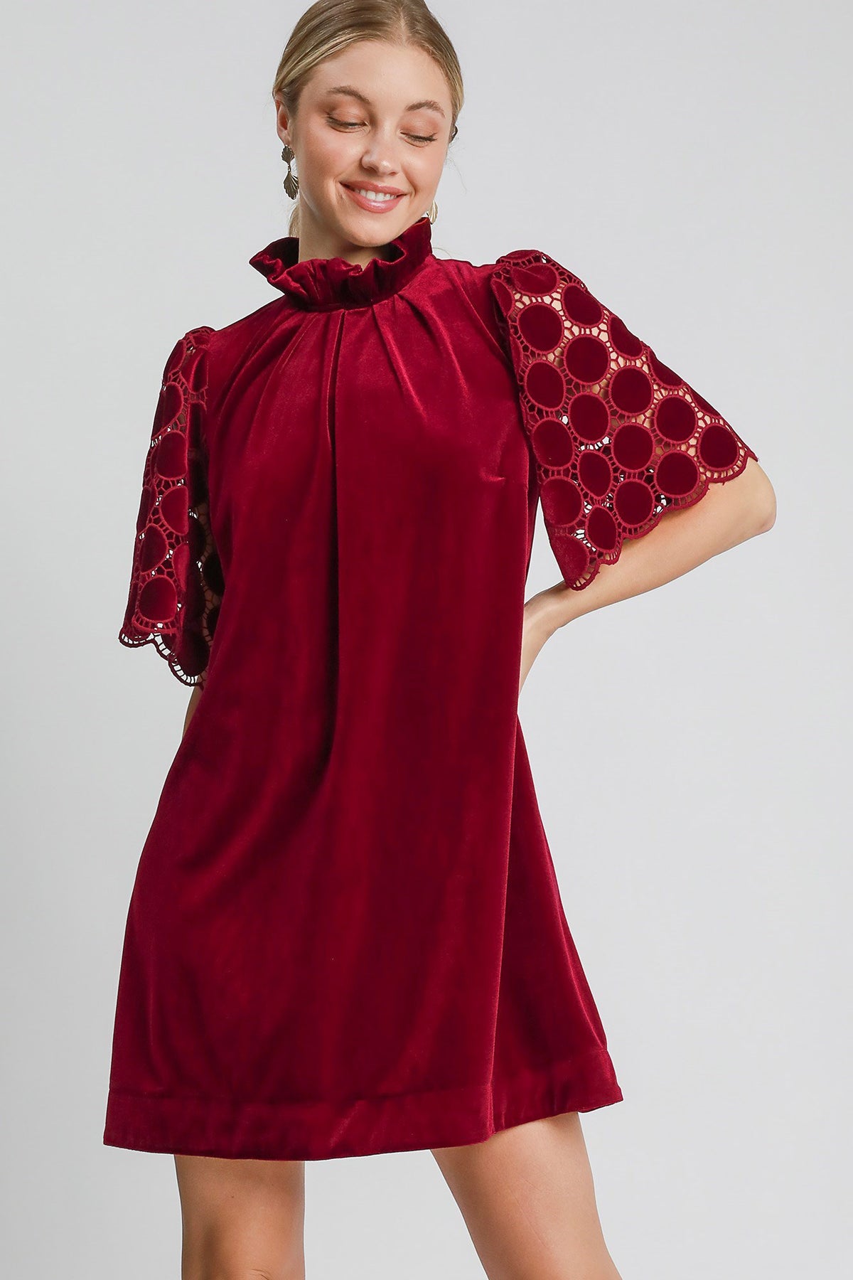 Hazel Blues® |  Umgee Dotted Lace Half Sleeve Mock Neck Back Tie Velvet Dress