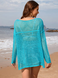 Hazel Blues® |  Openwork Slit Boat Neck Long Sleeve Cover-Up