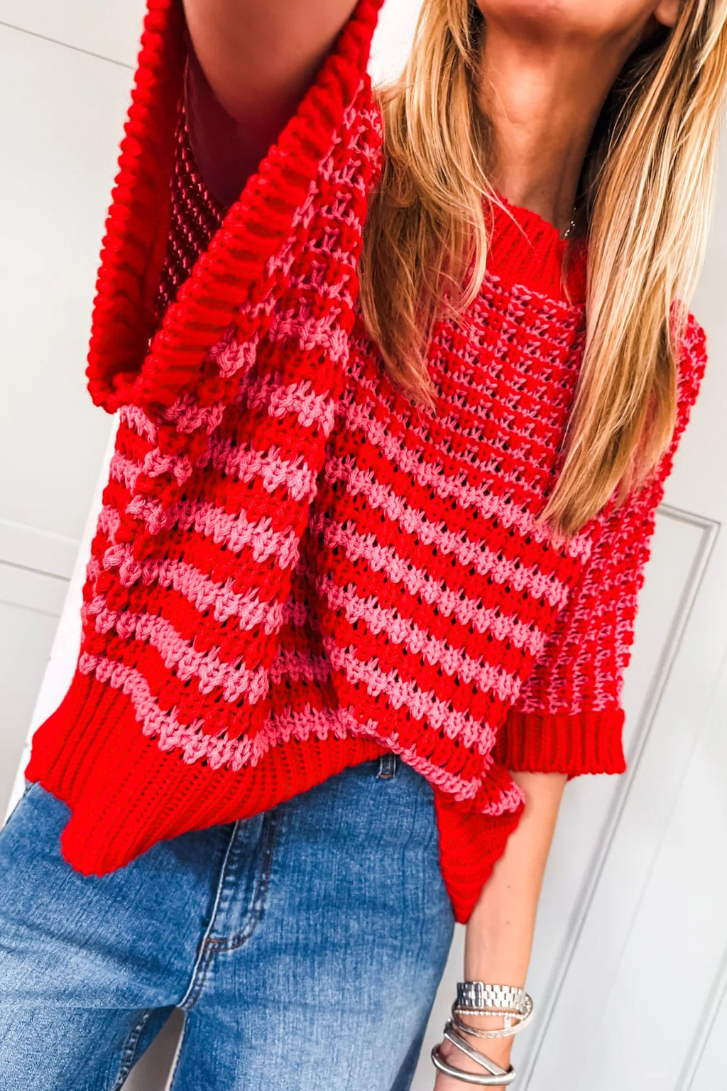 Easygoing Stripe Red Draped-Sleeve Sweater