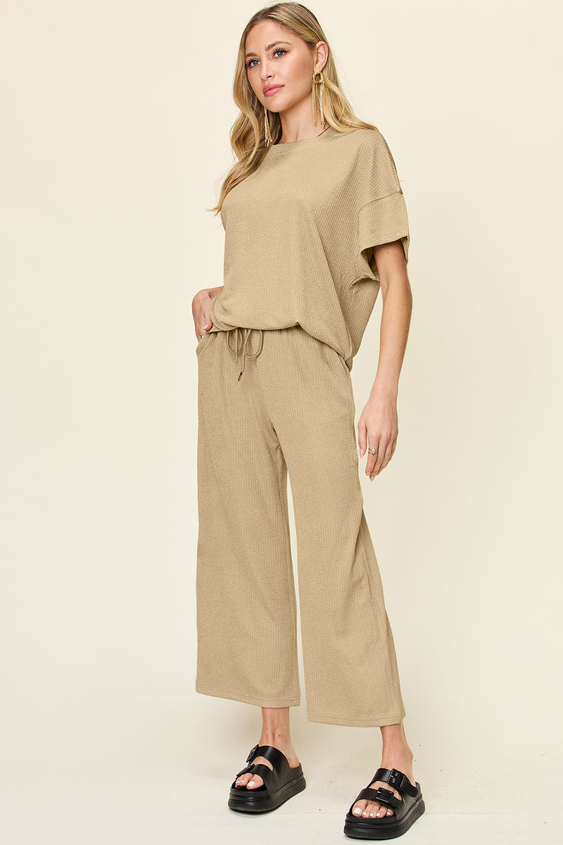 Hazel Blues® |  Double Take Texture Round Neck Short Sleeve T-Shirt and Wide Leg Pants