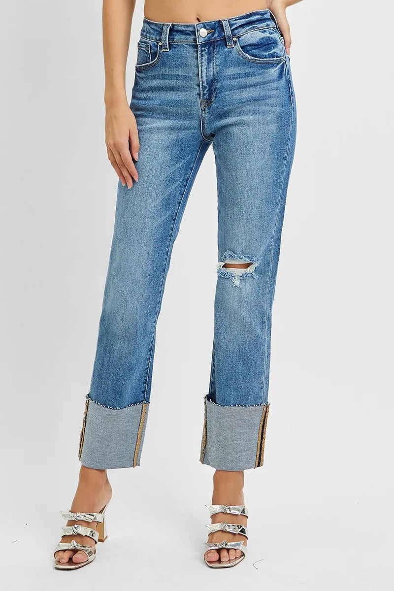 Hazel Blues® RISEN High Rise Ankle Straight Wide Cuffed Jeans