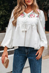 Hazel Blues® |  White Flower Lace-up V Neck Babydoll Blouse