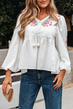 Hazel Blues® |  White Flower Lace-up V Neck Babydoll Blouse