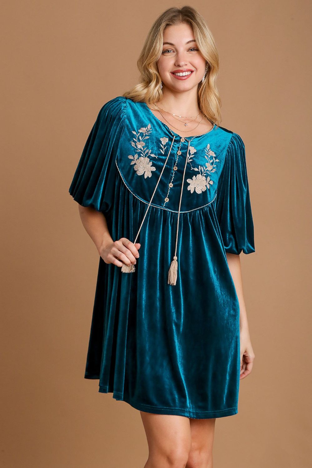 Hazel Blues® |  Umgee Embroidered Half Sleeve Velvet Mini Dress with Tassel