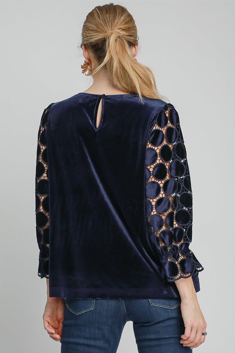 Hazel Blues® |  Umgee Polka Dot Lace Long Sleeve Round Neck Blouse