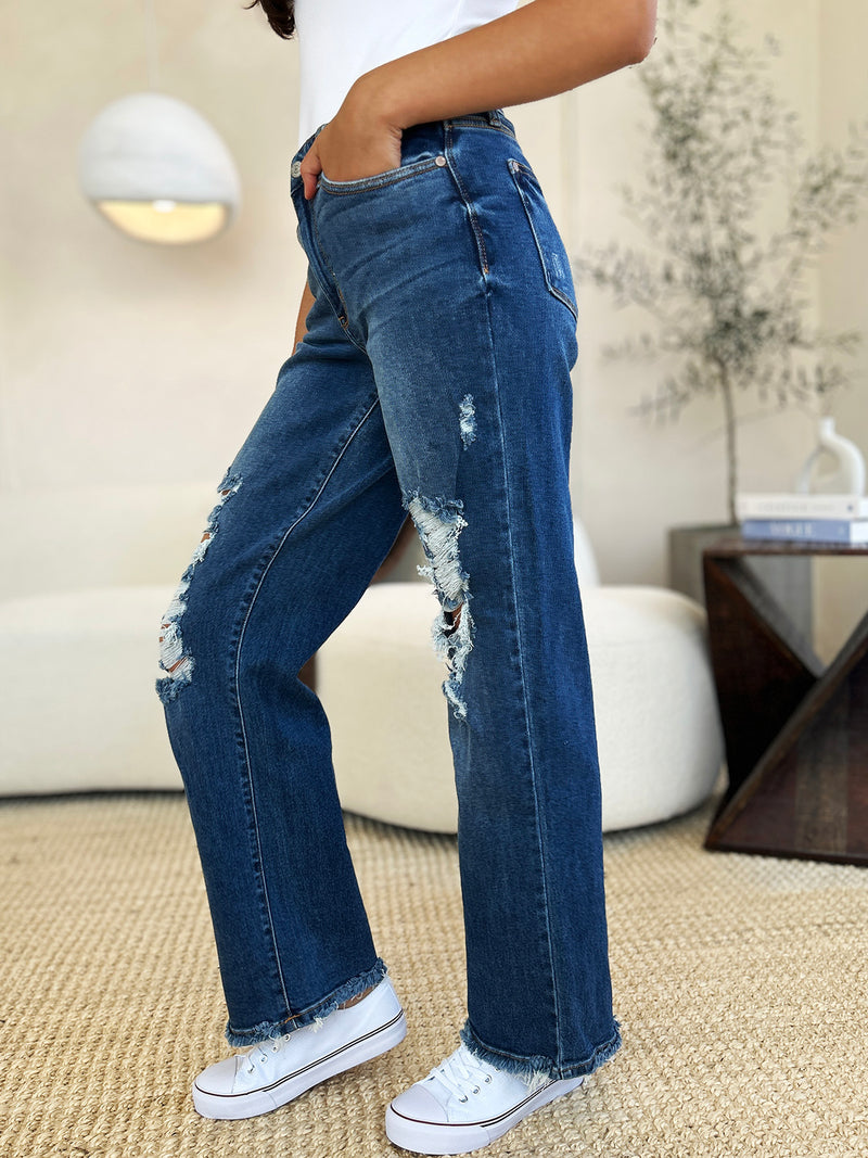 Hazel Blues® |  Judy Blue Mid Rise Distressed Raw Hem Jeans