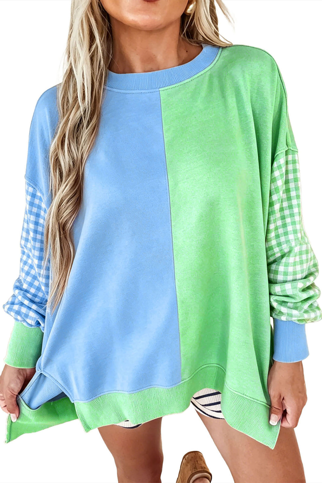 Cora Noelle Blue Gingham-Sleeve Sweatshirt