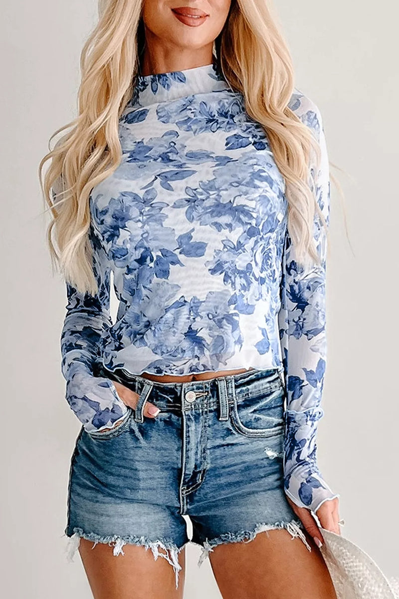 トップス 24ss JULIUS helioz PRINTED PL TULLE MESH Floral Print Long-Sleeve Stand Neck Mesh Top – Hazel Blues®