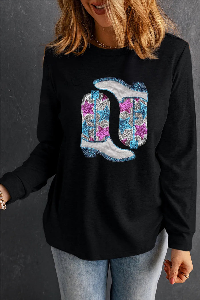 Hazel Blues® |  Boots Round Neck Long Sleeve Sweatshirt