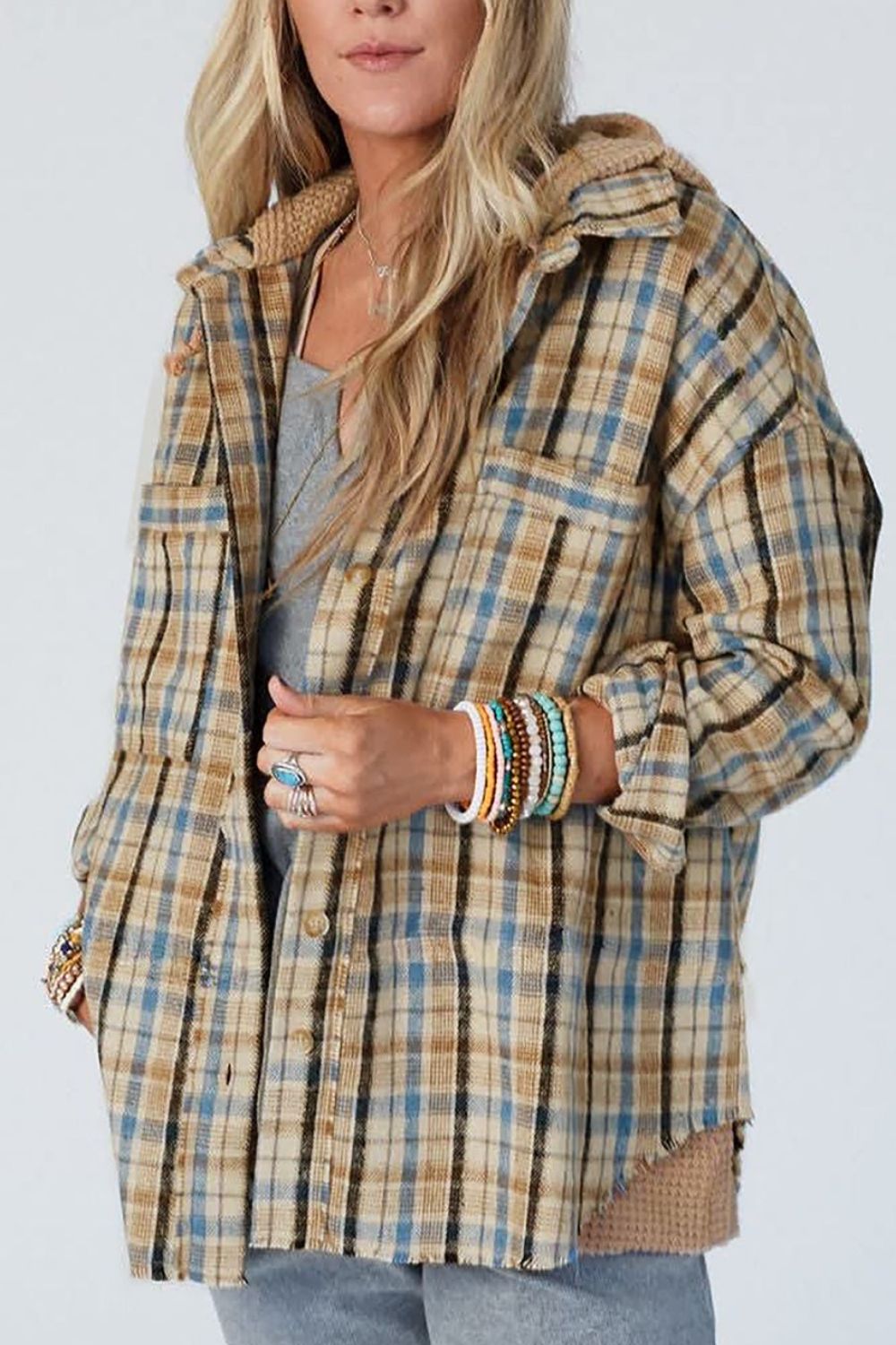 Hazel Blues® |  Drawstring Waffle Knit Patchwork Hooded Plaid Shacket