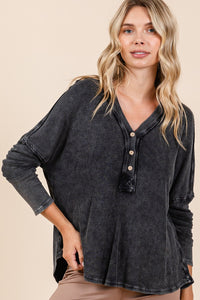 Hazel Blues® |  Mittoshop Washed V-Neck Long Sleeve Blouse