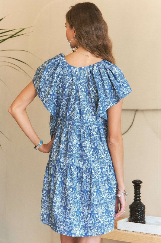 Hazel Blues® |  ADORA Printed V-Neck Ruffle Sleeve Mini Dress