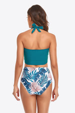 Hazel Blues® |  Botanical Print Halter Neck Drawstring Detail Bikini Set