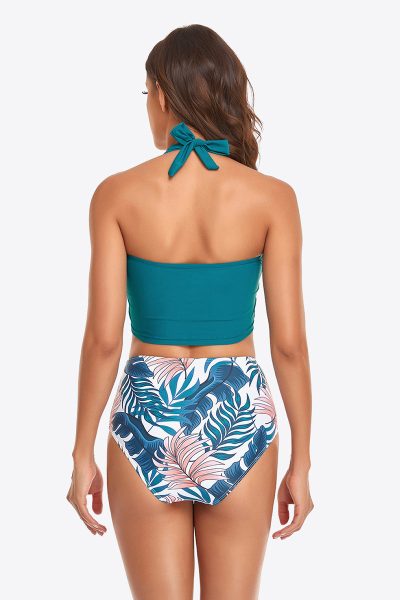Hazel Blues® |  Botanical Print Halter Neck Drawstring Detail Bikini Set