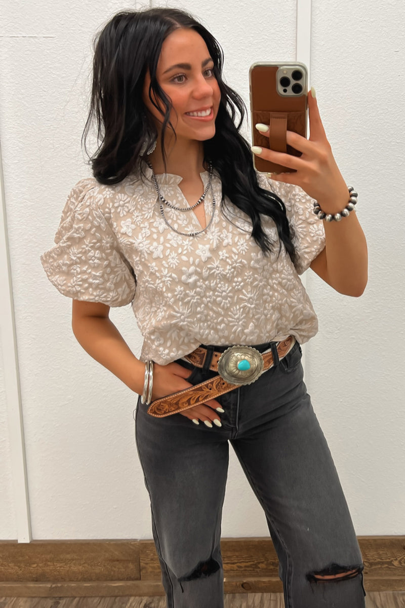 Apricot Pink Floral Textured Jacquard Puff Sleeve Blouse – Hazel