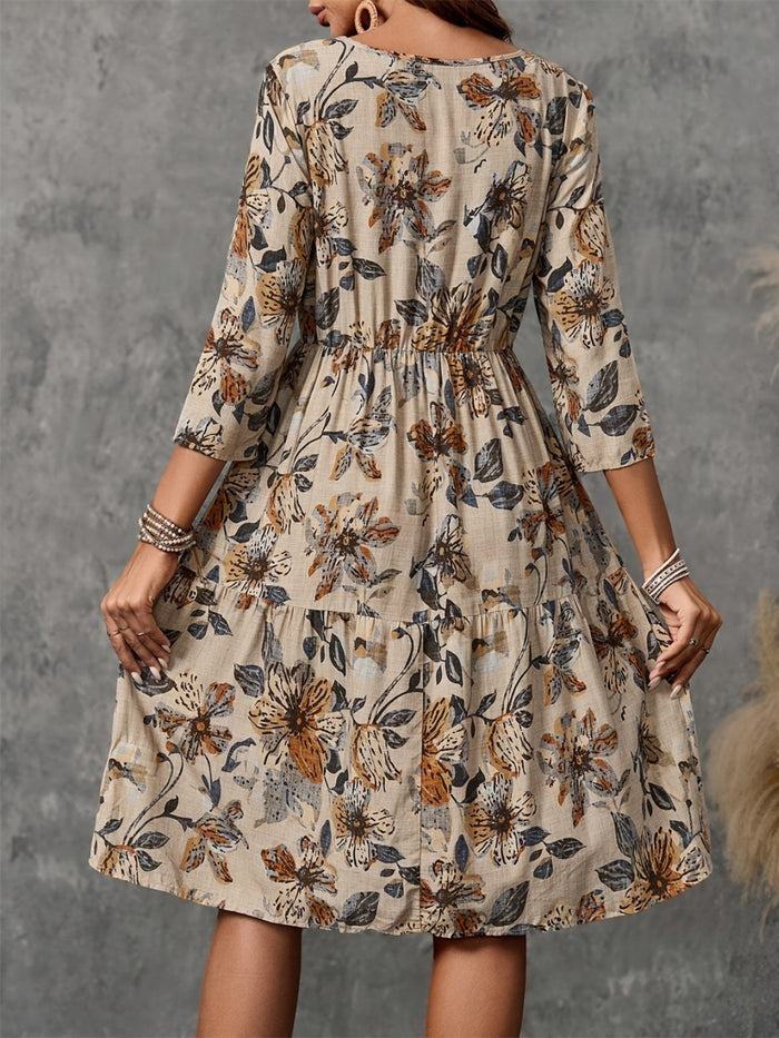 Hazel Blues® |  Printed Round Neck Three-Quarter Sleeve Dress