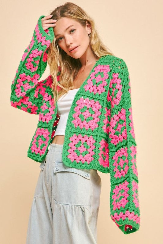 Hazel Blues® |  Davi & Dani Two Tone Flower Square Crochet Open Front Cardigan