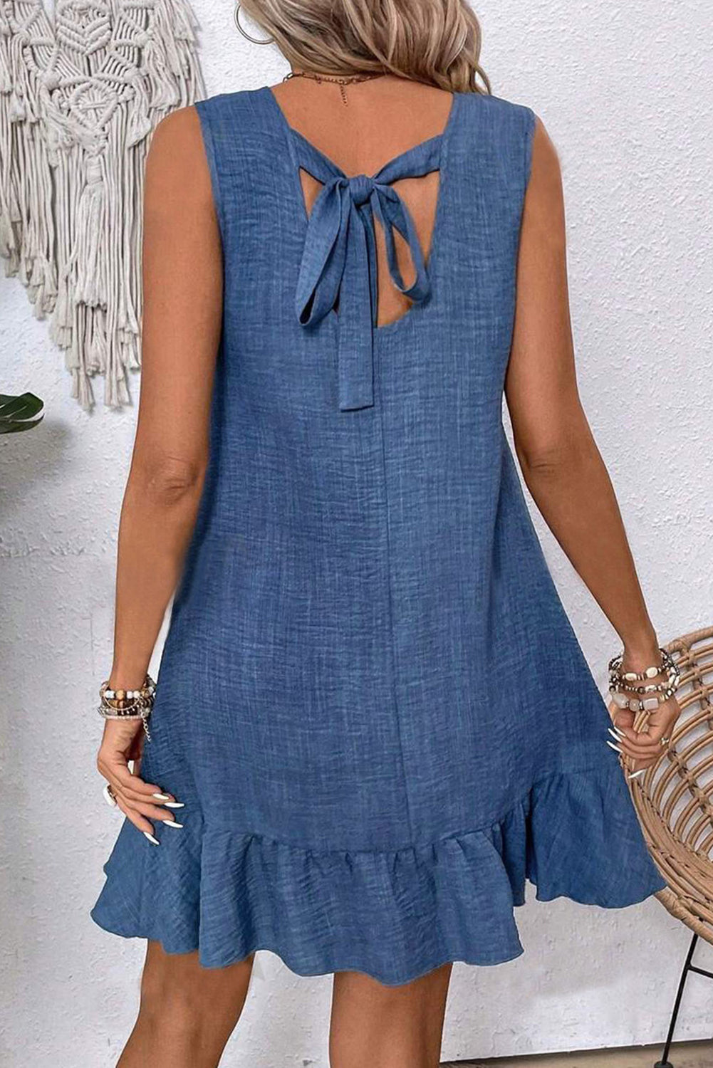 Juliette Noelle Ashleigh Blue Knot Scoop Back Ruffle Hem Sleeveless Mini Dress
