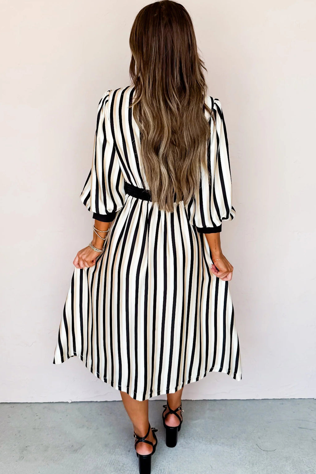 3 4 Puff Sleeve Shirt Style Button-Down Midi Dress | Puff Sleeve Button Dress