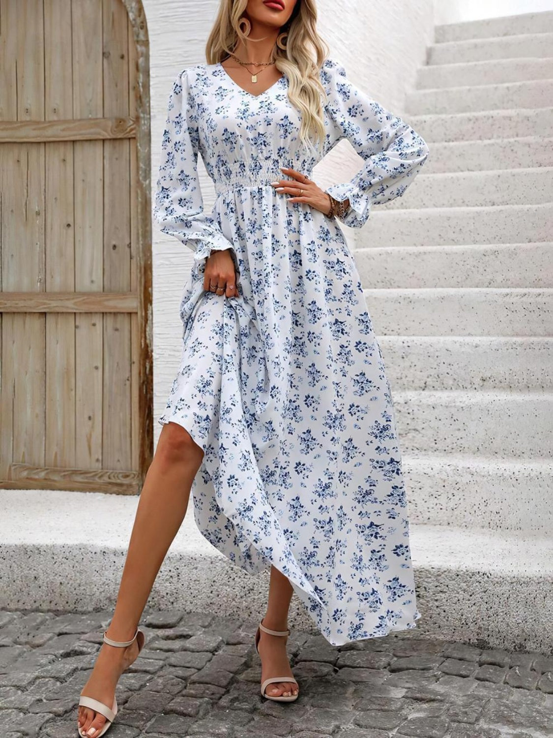 Hazel Blues® |  Smocked Printed V-Neck Flounce Sleeve Dress