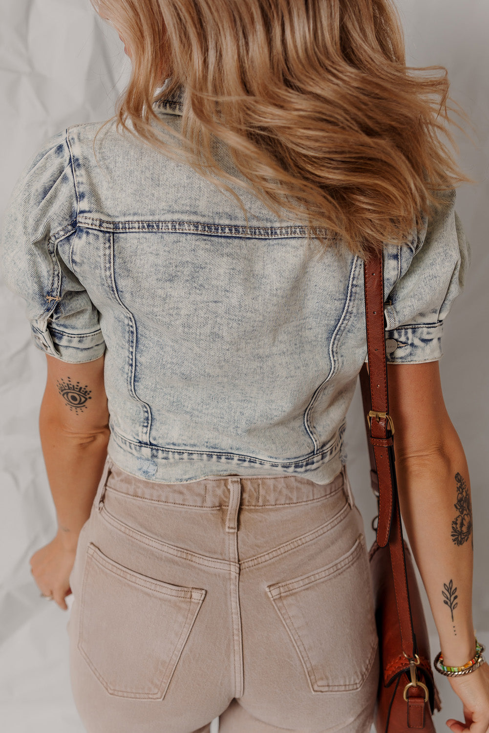Beau Blue Light Wash Buttoned Chest Pocket Puff-Sleeve Denim Jacket