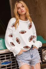 Hazel Blues® |  White Sequin Football Pattern Exposed Seam Game Day Sweatshirt