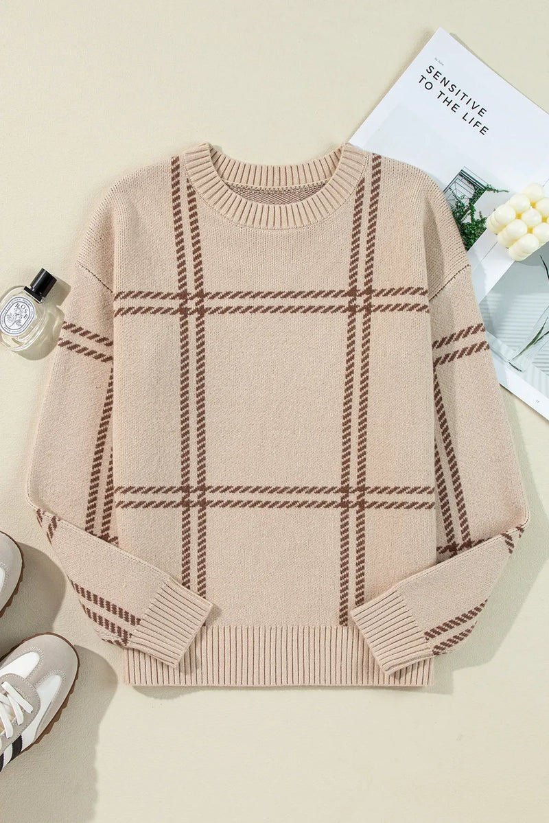 Hazel Blues® |  Plaid Round Neck Dropped Shoulder Sweater