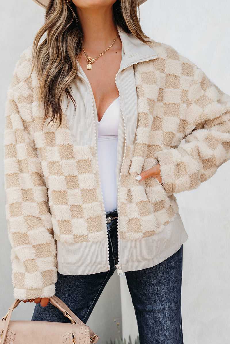 Hazel Blues® |  Khaki Checker Sherpa Corduroy Patchwork Zip up Collared Jacket