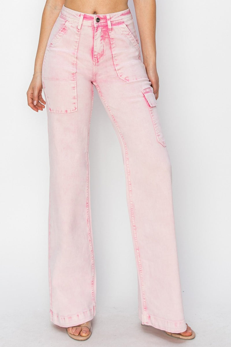 Hazel Blues® |  RISEN High Rise Wide Leg Cargo Pocket Jeans