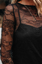 Hazel Blues® |  Black Lace Crochet Mesh Patched Slim Fit Long Sleeve Top