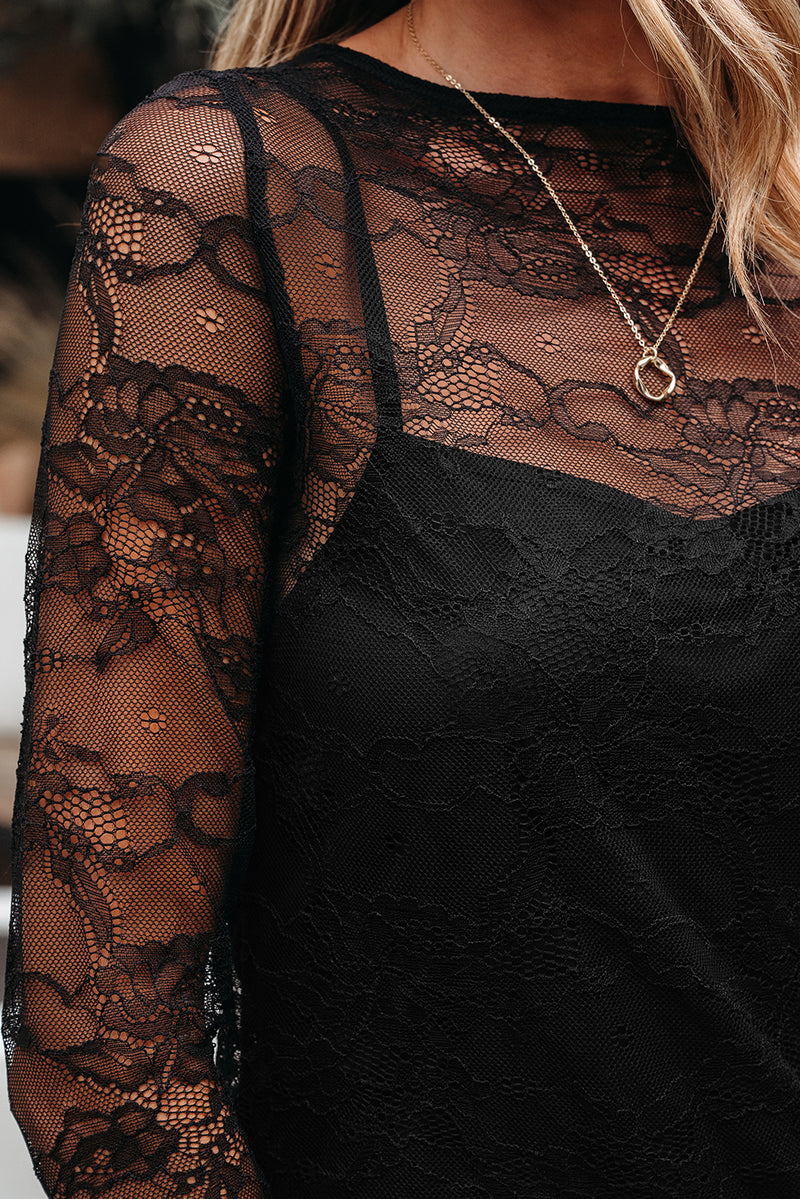 Hazel Blues® |  Black Lace Crochet Mesh Patched Slim Fit Long Sleeve Top