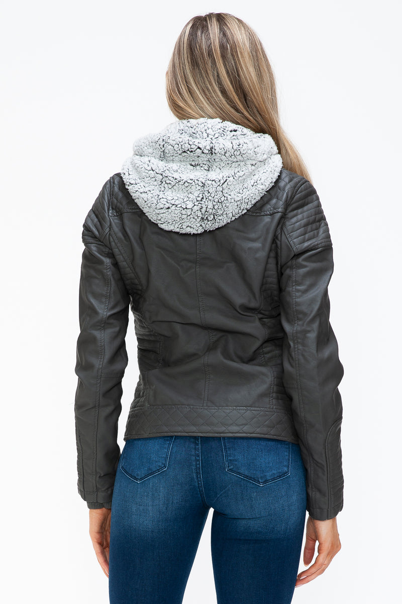 Hazel Blues® |  YMI Faux Layered Double-Zipper Jacket with Fuzzy Hood