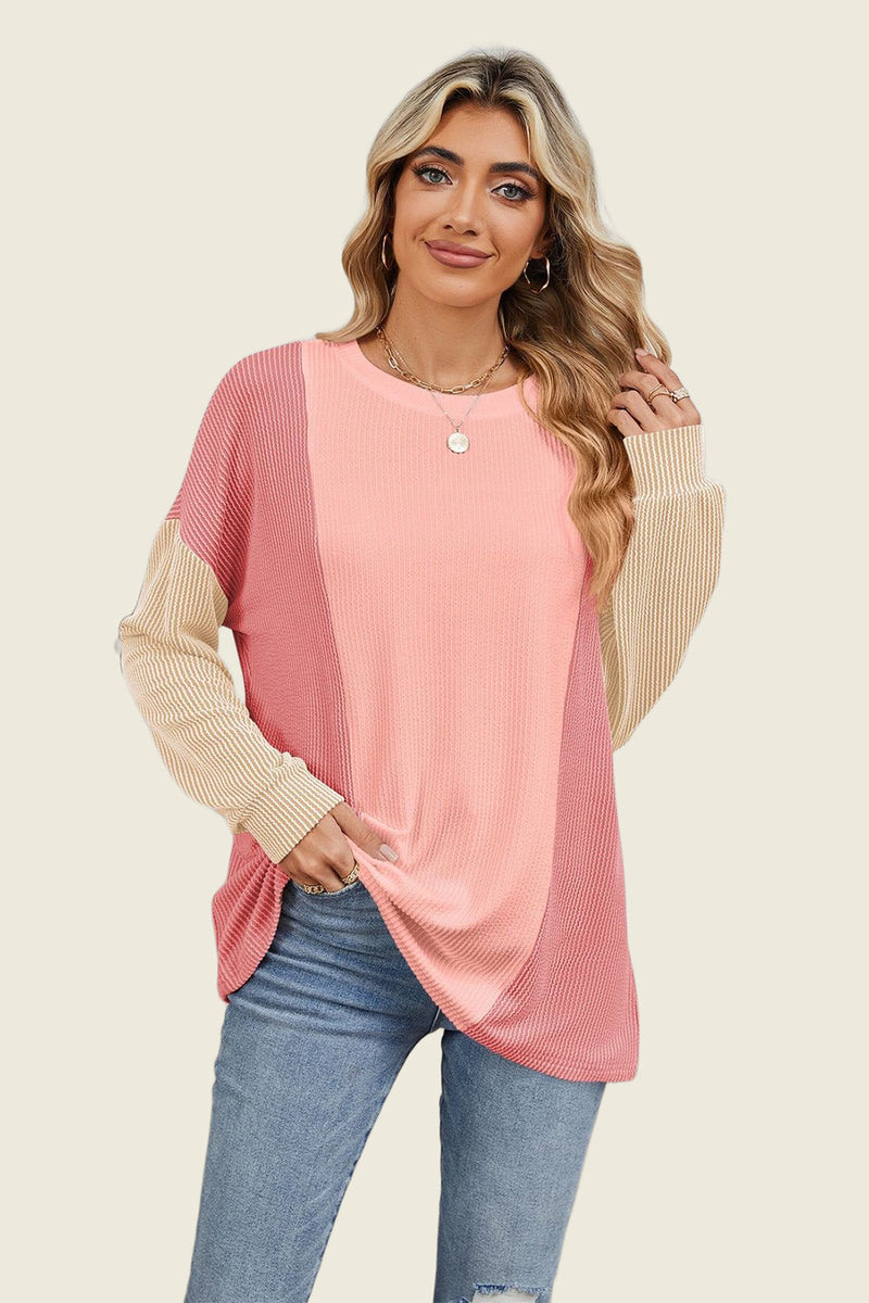 Hazel Blues® |  Double Take Texture Contrast Round Neck Long Sleeve T-Shirt