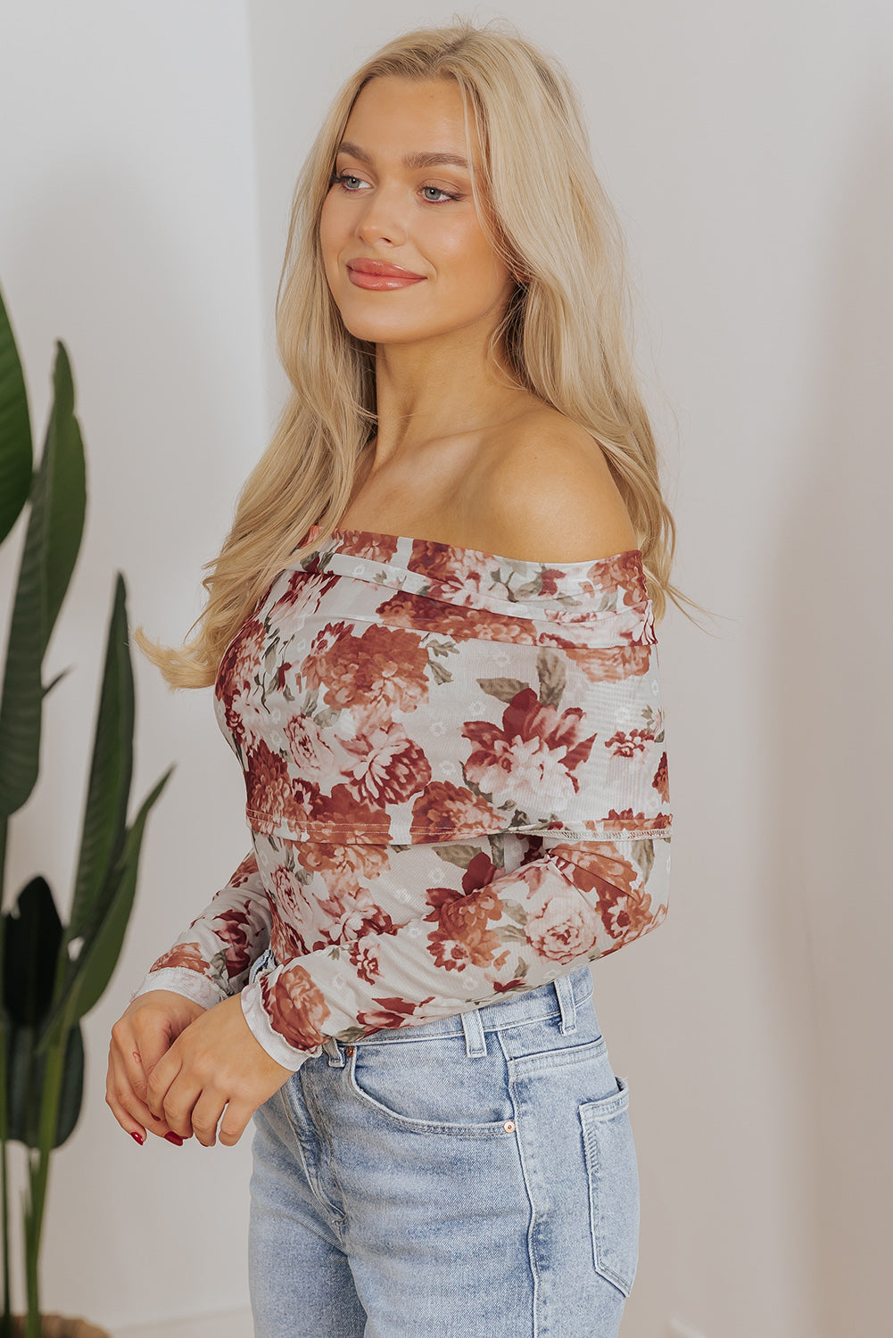 Hazel Blues® |  Pink Floral Printed Long Sleeve Sheath Bodysuit