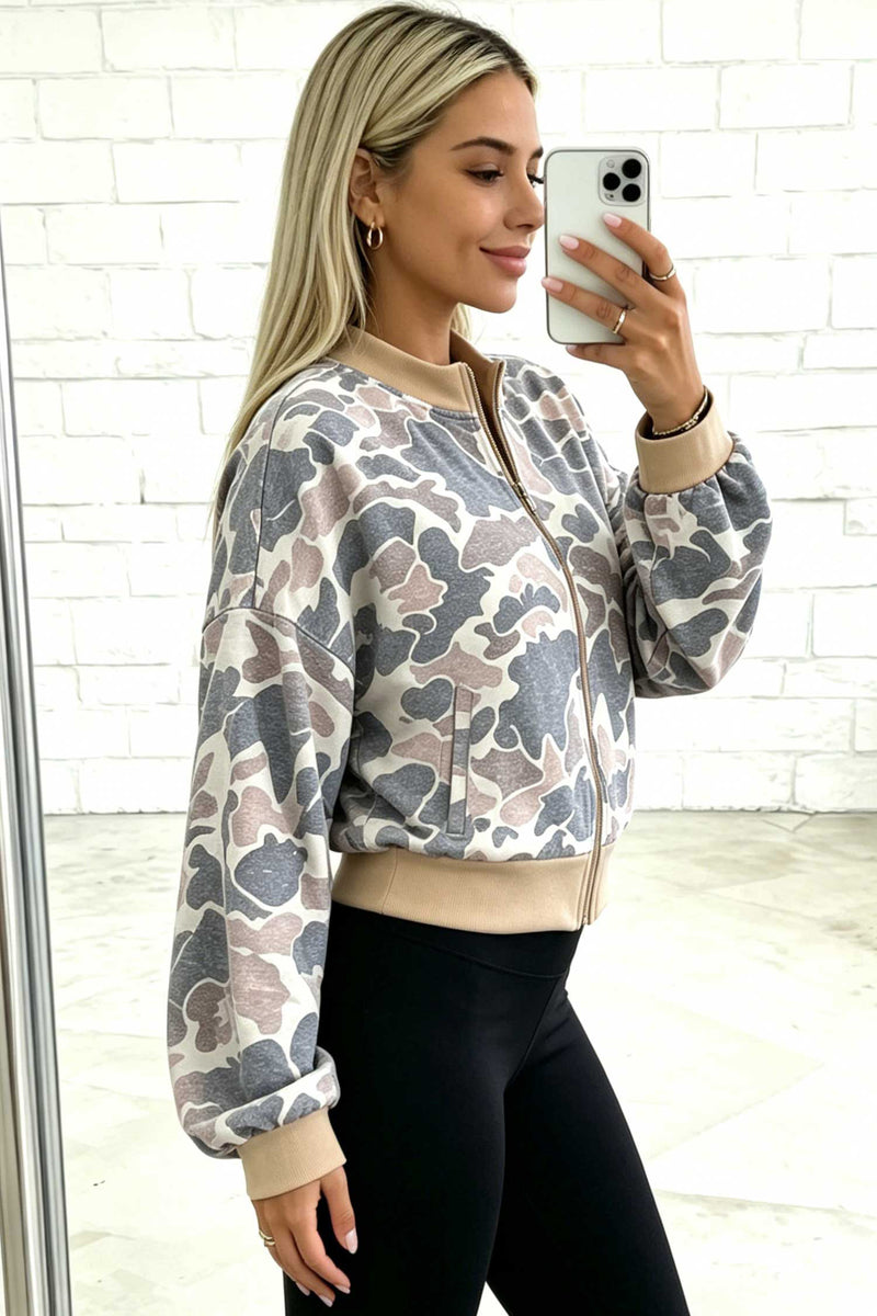 Multicolor Camouflage Print Color-Block Trim Zip Bomber Sweatshirt