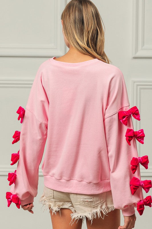 Hazel Blues® |  BiBi Velvet Ribbon Bows Long Sleeve Round Neck Sweatshirt