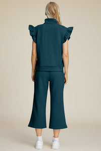 Hazel Blues® |  Double Take Texture Ruffle Short Sleeve Top and Wide Leg Pants Set