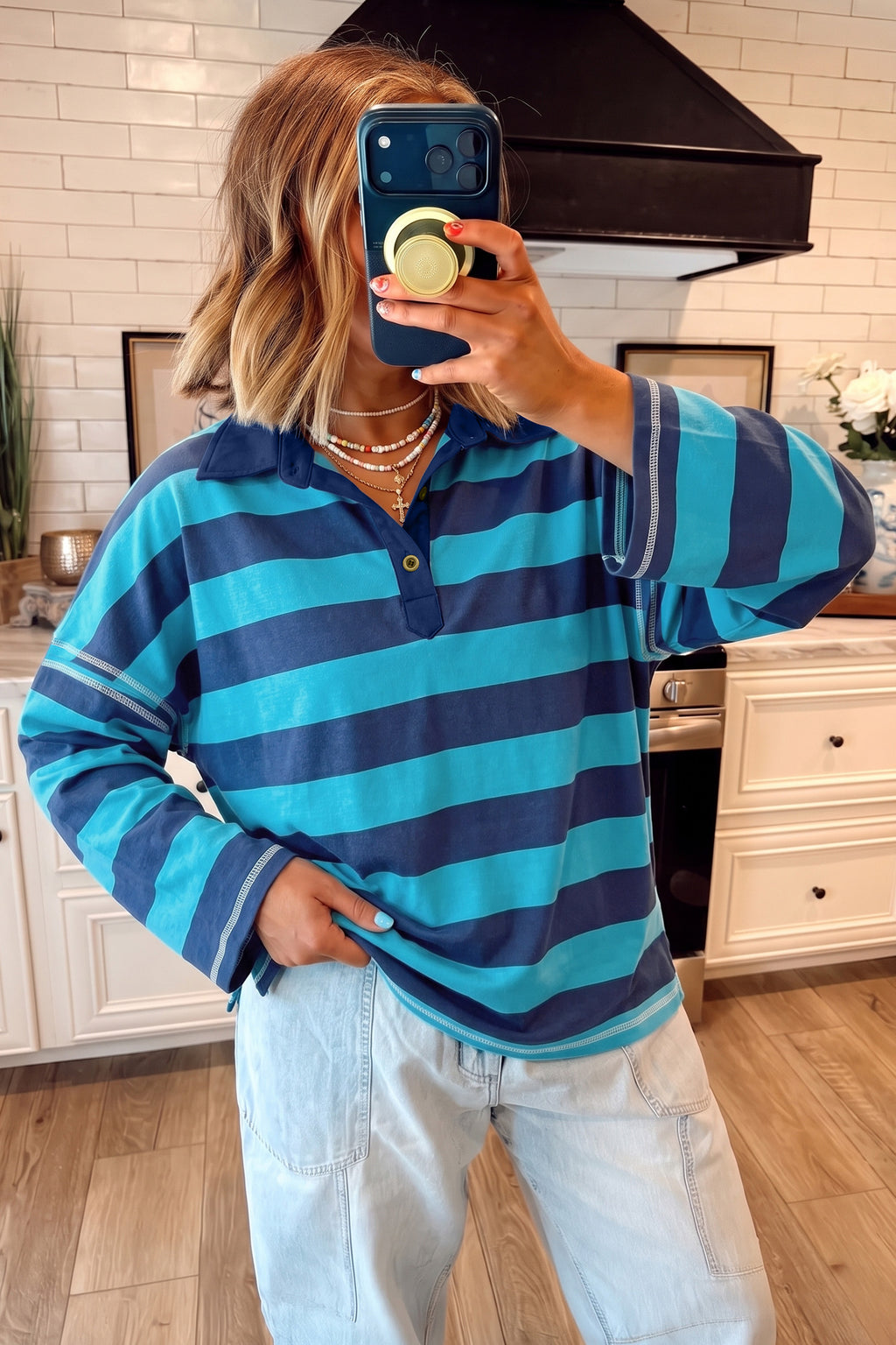 Georgia Bree Blue Striped Polo-Collar Top