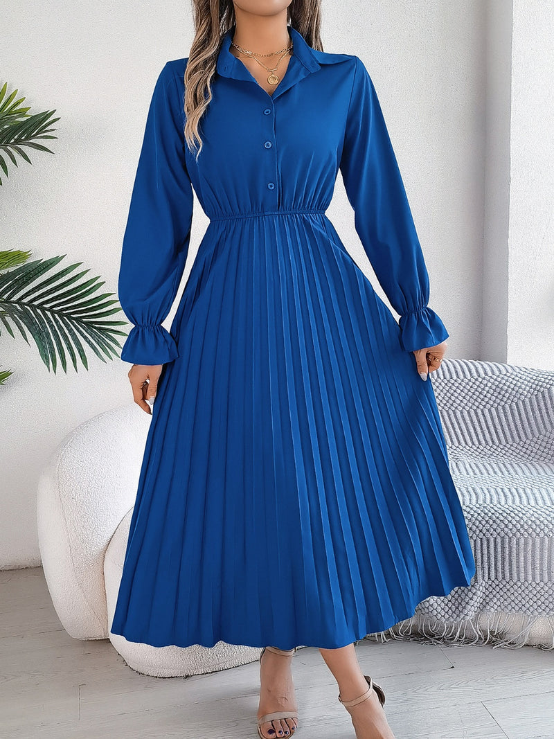Hazel Blues | Pleated Half Button Long Sleeve Midi Dress Hazel Blues | Pleated Half Button Long Sleeve Midi Dress